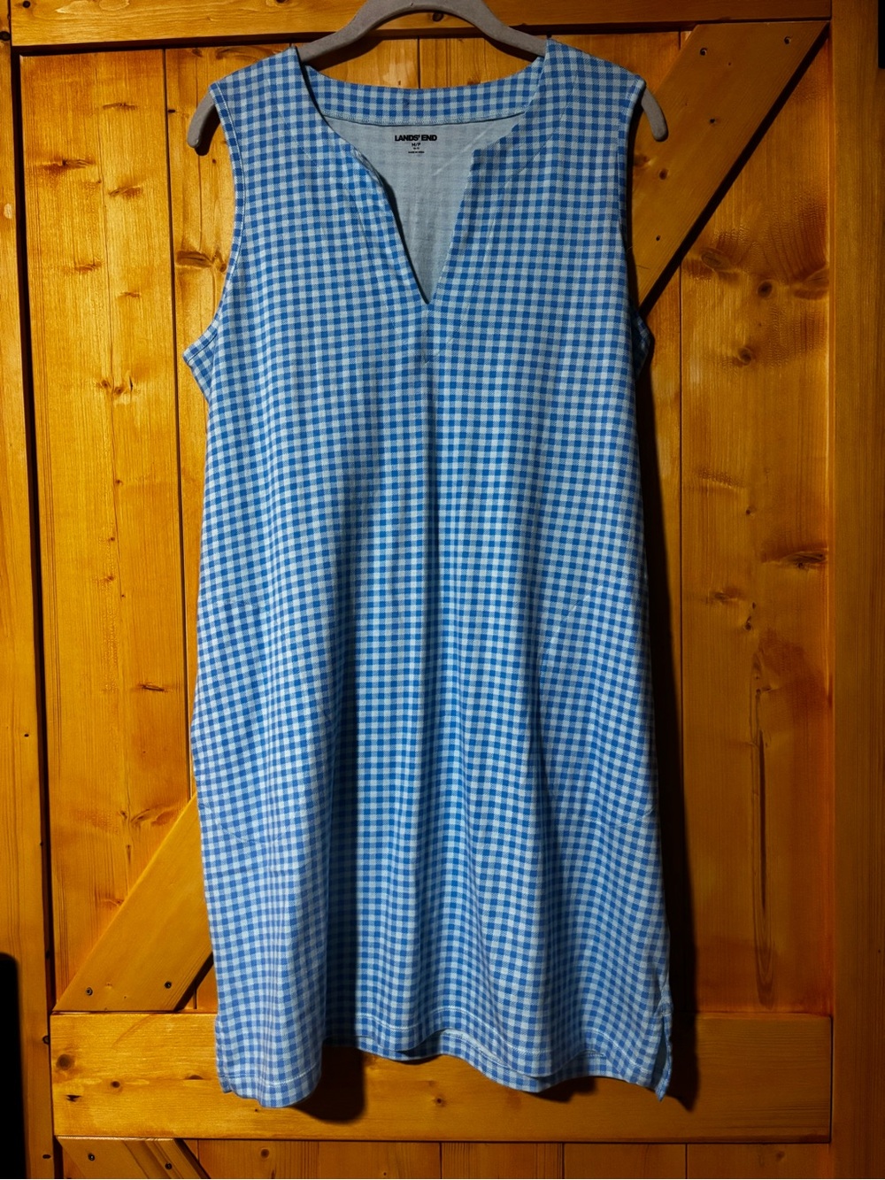 Lands' End Blue Gingham Sleeveless Cotton Shift Dress Pockets MP 10-12